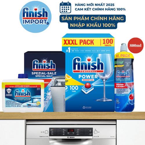Combo 4 món: Hộp 100 viên Finish Essential XXXL hương chanh + 1,2kg muối Finish + 800ml nước làm bóng + 250ml vệ sinh máy Finish